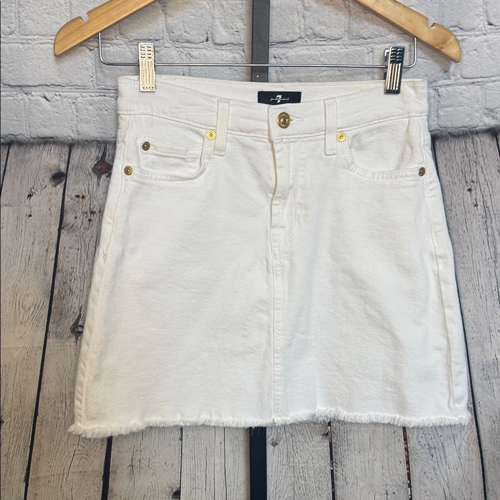 7 For All Mankind White Denim Mini Skirt with Frayed Hem